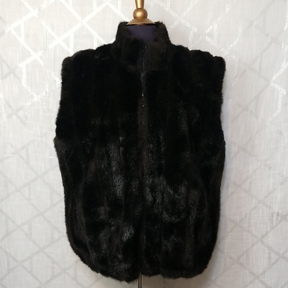 Womens Faux Fur Vest Coat Black Sleeveless Size XL 70s 80s Outdoor Winter